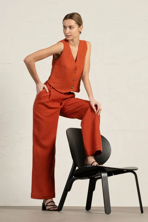 Leinenweste und Hose mit weitem Bein, 2-teilig